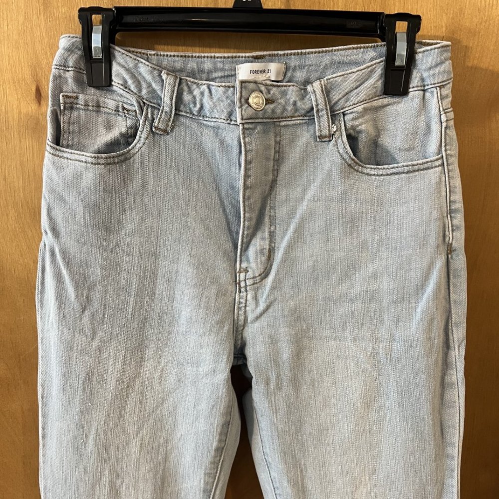 Forever 21 Light Blue Mid-Rise Flare Side Split Distressed Hem Denim Jeans 28 - Picture 2 of 5